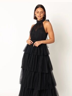 Petal & Pup Black Tiered Halter Tulle Maxi Dress